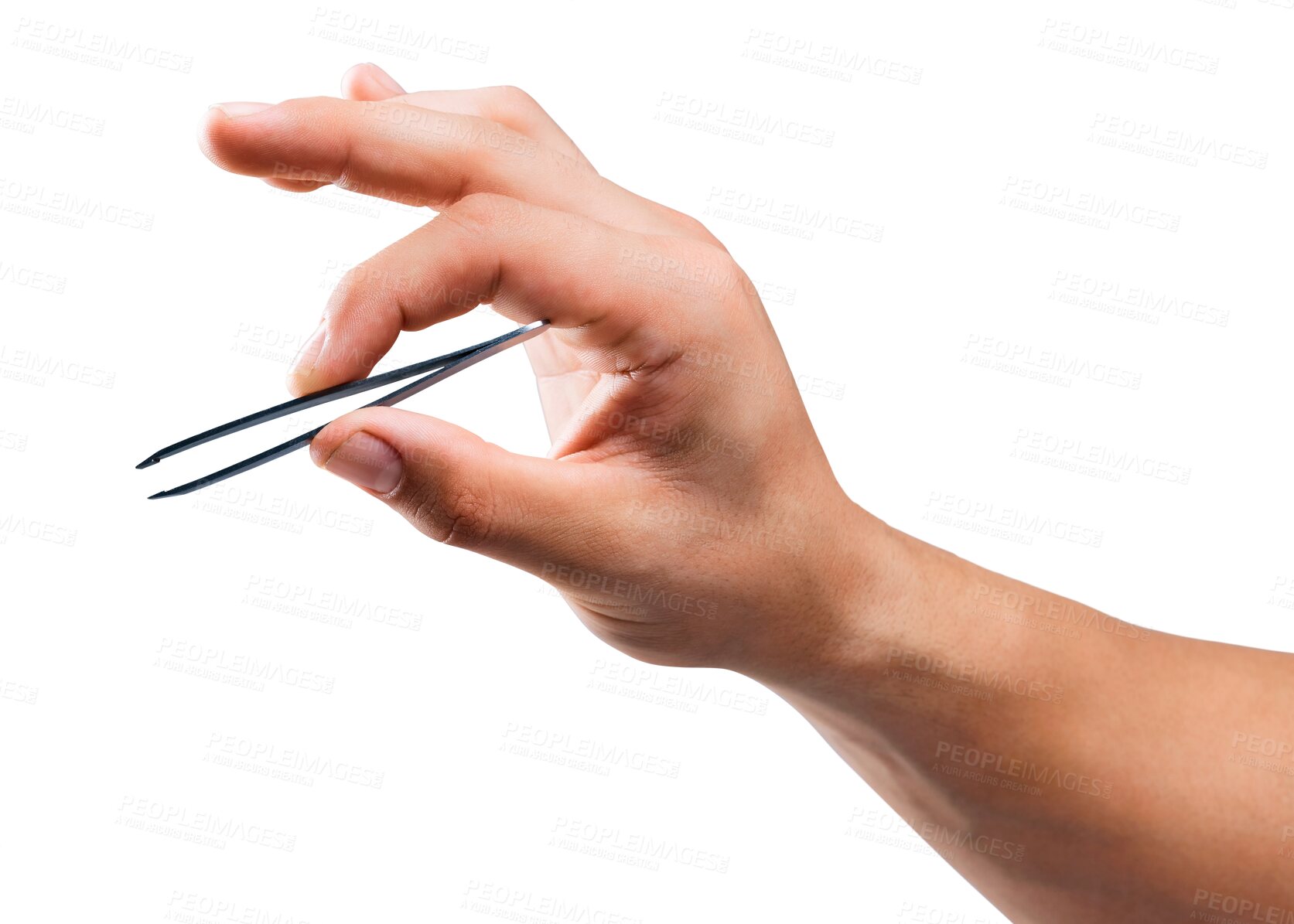 Buy stock photo Cosmetics, grooming and hand with tweezers for eyebrow on isolated, png and transparent background. Beauty, cosmetology and closeup of person holding tool for hair removal, epilation and hygiene