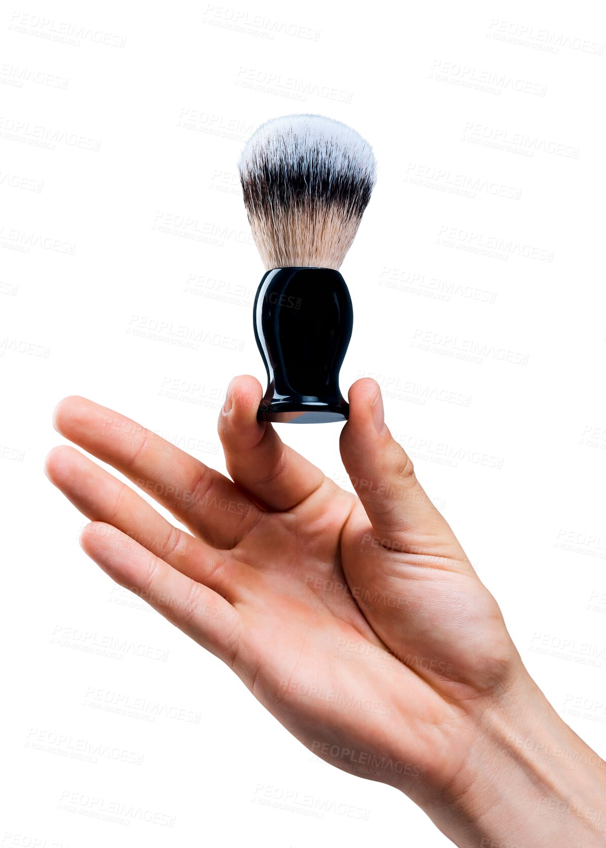 Buy stock photo Shaving, wellness and closeup of hand with a brush for beauty, self care or facial grooming routine. Shave, hygiene and zoom of person with cosmetic barber tool isolated by transparent png background