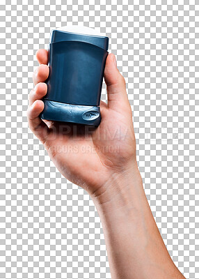 Buy stock photo Person, hand and deodorant roller for hygiene, fragrance or scent isolated on a transparent PNG background. Hands of people with skincare product, cosmetics or body for smell, cleaning or grooming