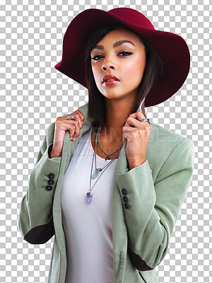 Buy stock photo Woman, modern fashion and beauty portrait with confidence isolated on a transparent, png background. Winter clothing, hat and beauty of a young female person with elegant clothes and formal elegance