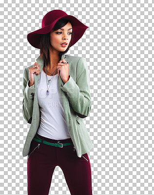 Buy stock photo Winter fashion, woman and modern style with confidence isolated on a transparent, png background. Young female person, hat and trendy clothes feeling beautiful and attractive with gen z outfit