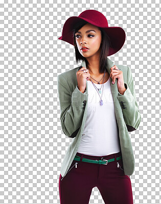 Buy stock photo Winter fashion, cool woman and modern style with confidence isolated on a transparent, png background. Young female person, hat and trendy clothes feeling beautiful and attractive with gen z outfit