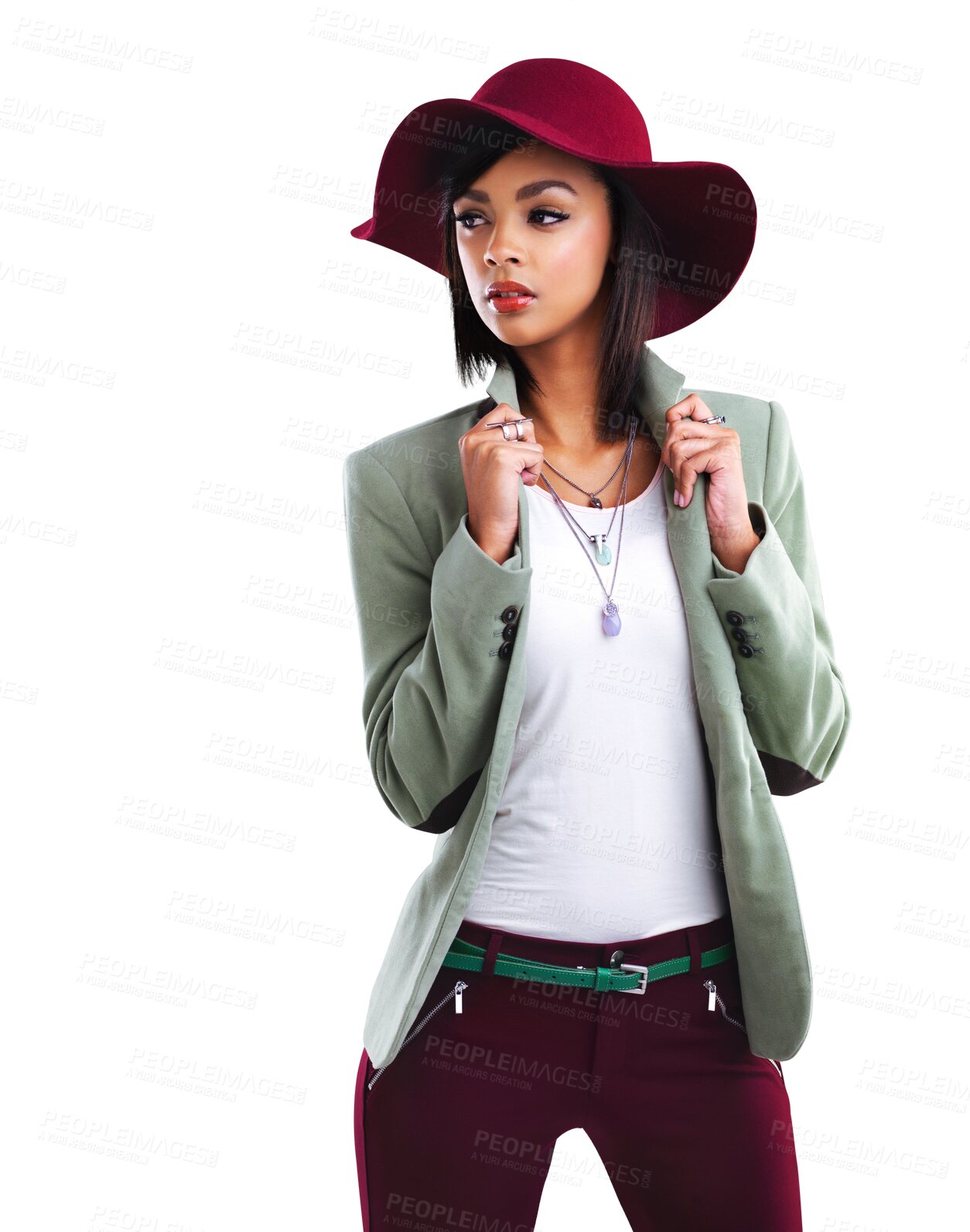 Buy stock photo Winter fashion, cool woman and modern style with confidence isolated on a transparent, png background. Young female person, hat and trendy clothes feeling beautiful and attractive with gen z outfit