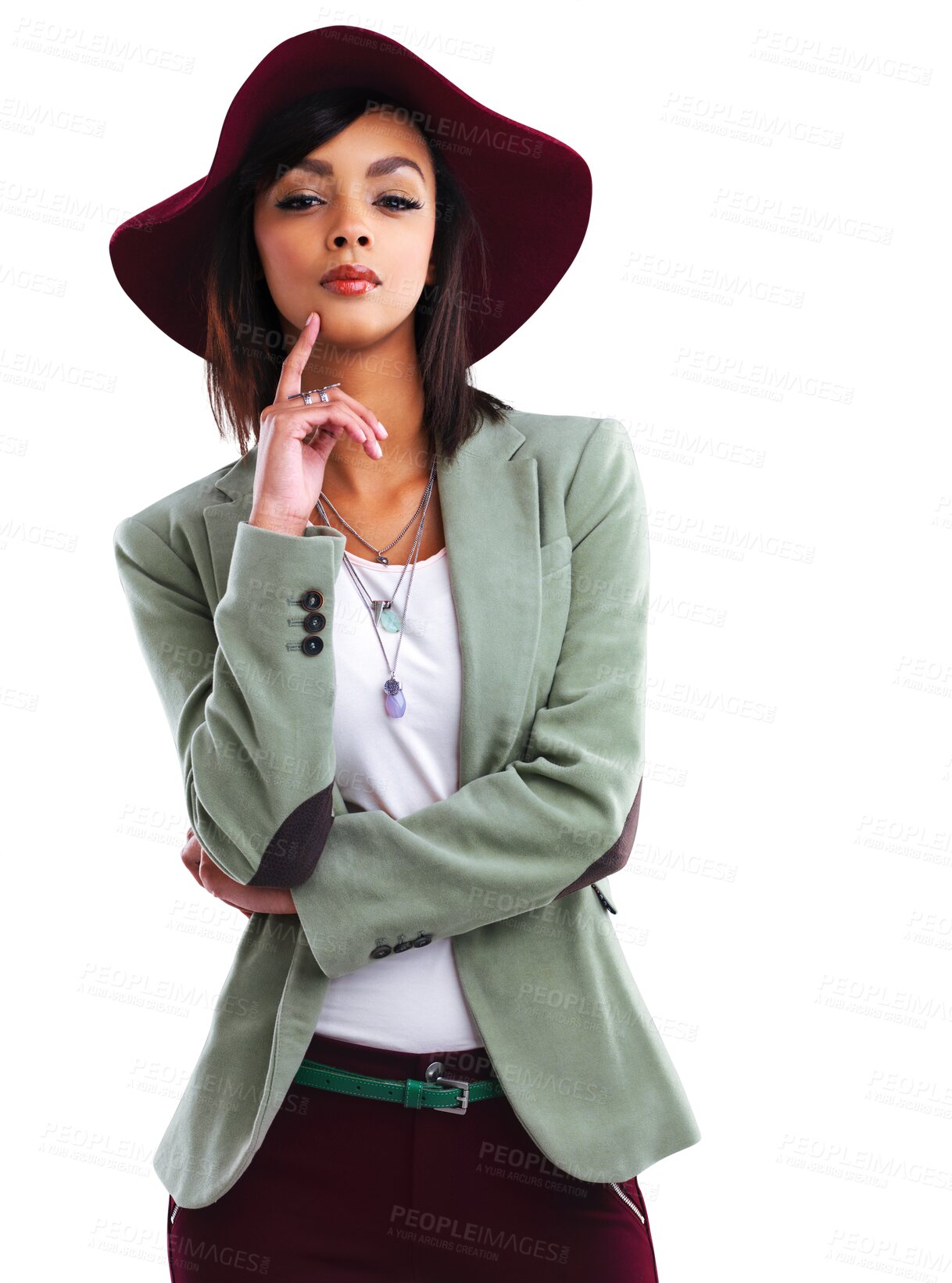 Buy stock photo Woman, modern fashion and classy portrait with confidence isolated on a transparent, png background. Winter clothing, hat and beauty of a young female person with elegant clothes and formal elegance