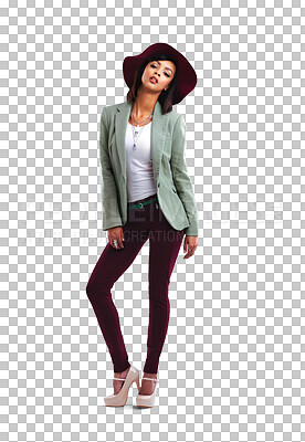 Buy stock photo Cool fashion, woman portrait and modern style with confidence isolated on a transparent, png background. Young female person, hat and trendy clothes feeling beautiful and attractive with gen z outfit