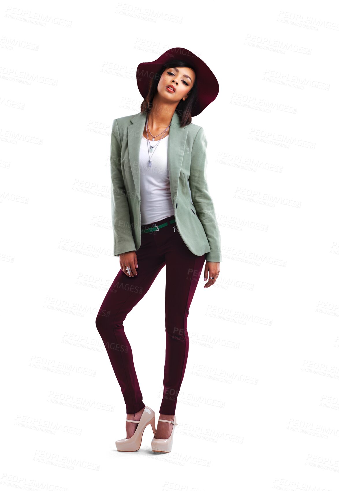 Buy stock photo Cool fashion, woman portrait and modern style with confidence isolated on a transparent, png background. Young female person, hat and trendy clothes feeling beautiful and attractive with gen z outfit