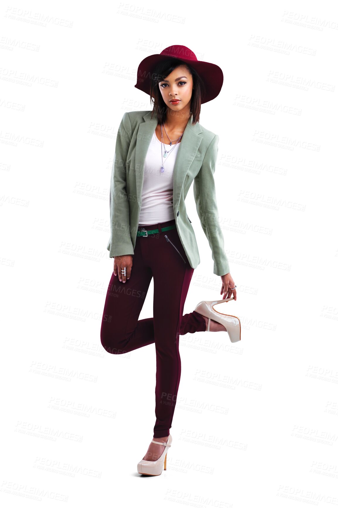 Buy stock photo Fashion, beauty and portrait of woman in hat and designer clothes isolated on transparent png background. Trendy gen z model, luxury clothing brand and unique youth culture with style and freedom.