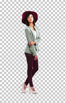 Buy stock photo Fashion, clothes and portrait of woman in hat, designer clothes and isolated on transparent png background. Trendy gen z model, luxury clothing brand and unique youth culture with style and freedom.