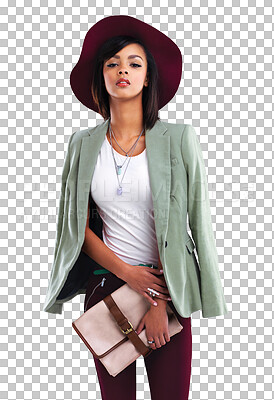 Buy stock photo Fashion, confidence and portrait of woman in hat and designer clothes isolated on transparent png background. Trendy gen z model, luxury clothing brand and unique youth culture with style and beauty.