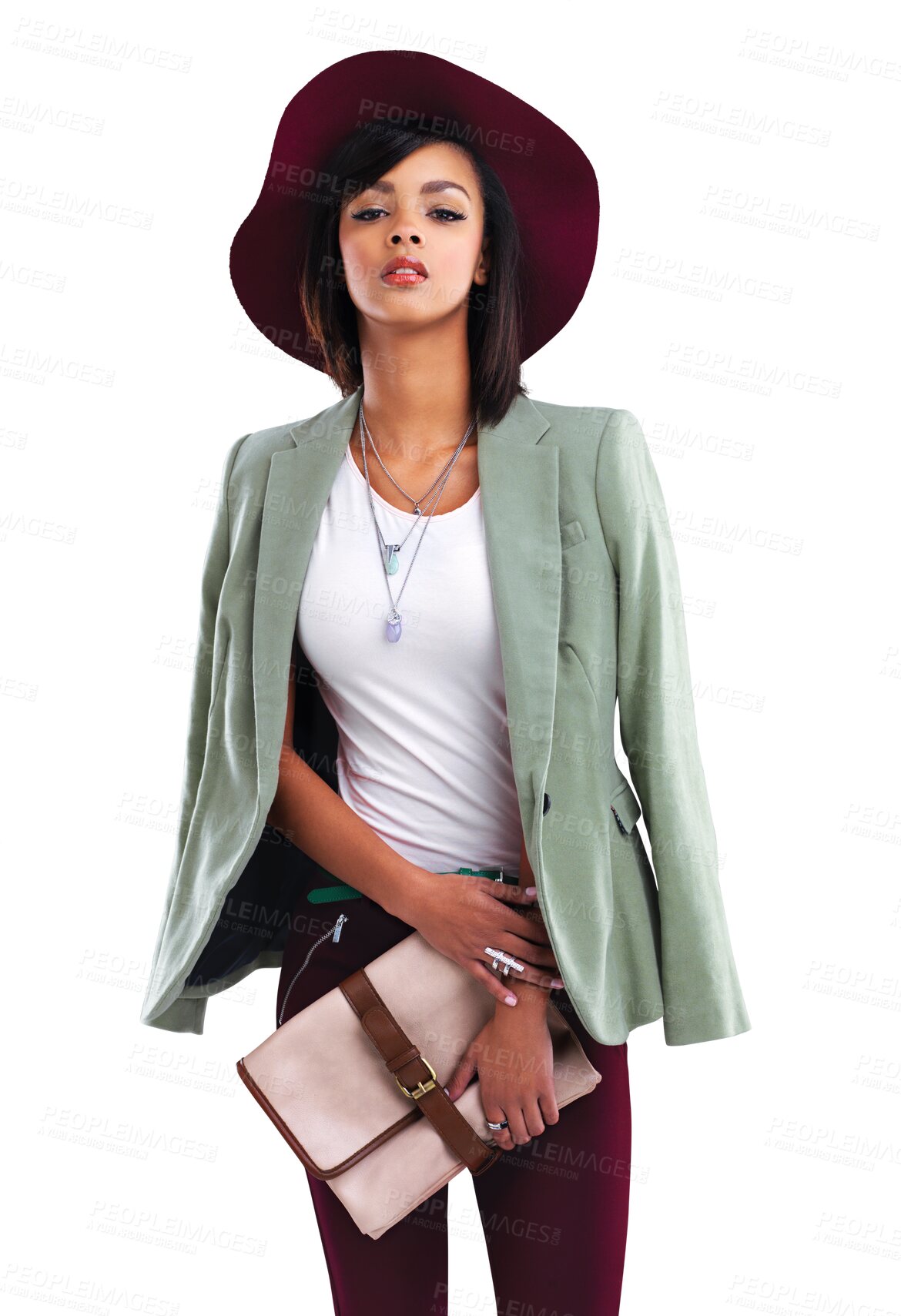 Buy stock photo Fashion, confidence and portrait of woman in hat and designer clothes isolated on transparent png background. Trendy gen z model, luxury clothing brand and unique youth culture with style and beauty.
