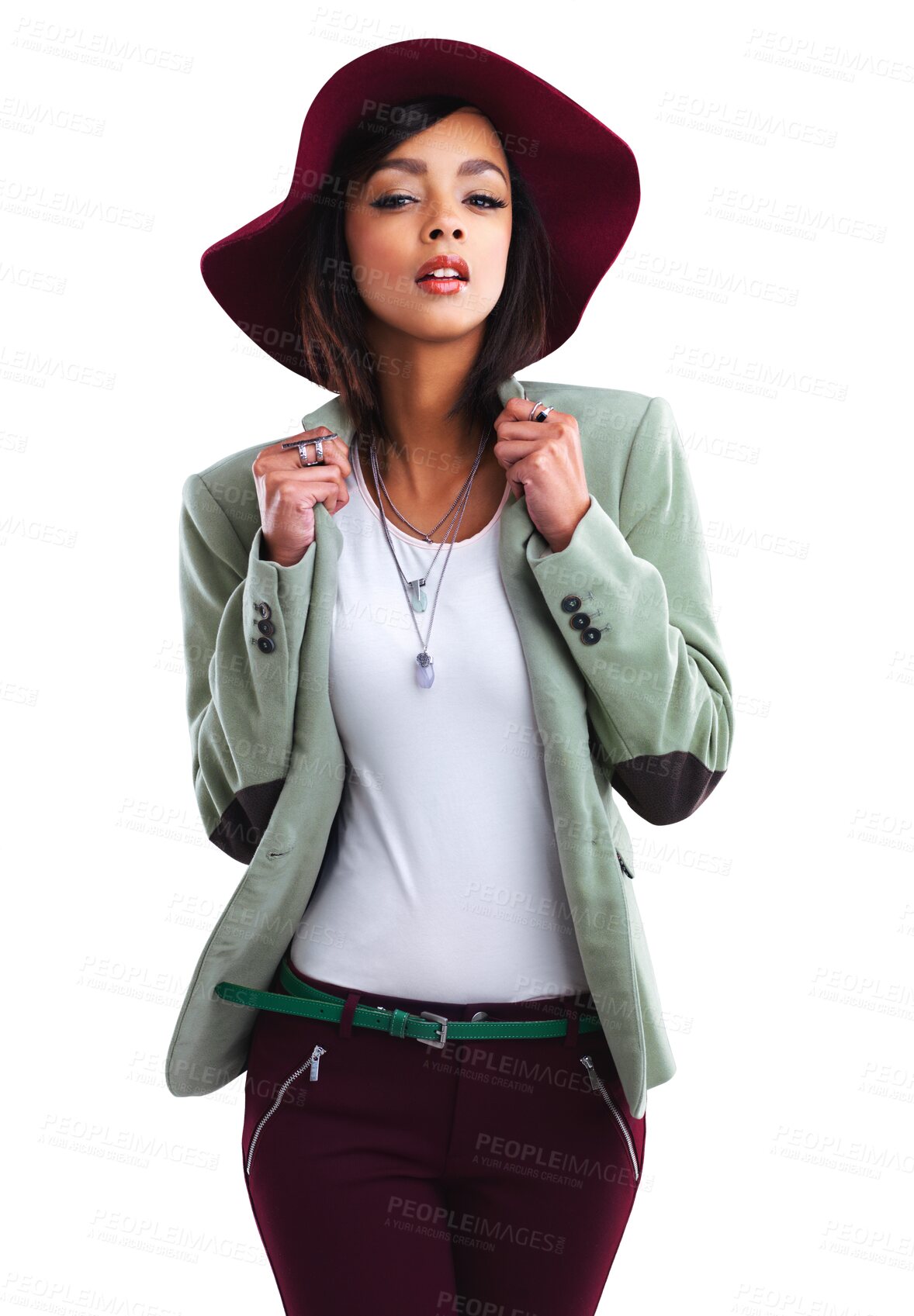 Buy stock photo Woman, modern fashion and style portrait with confidence isolated on a transparent, png background. Winter clothing, hat and beauty of a young female person with elegant clothes and formal elegance