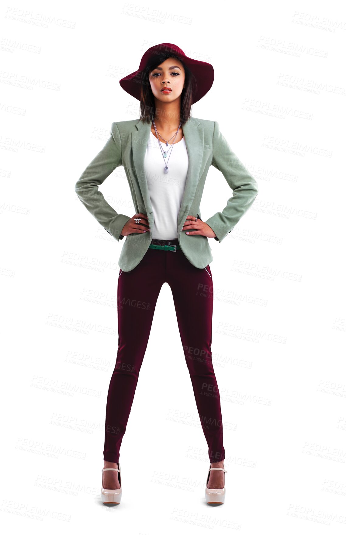 Buy stock photo Fashion, beauty and portrait of confident woman in hat and designer clothes isolated on transparent png background. Trendy gen z model, luxury brand and unique youth culture with style and freedom.