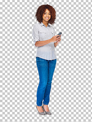 Buy stock photo Phone, happy and portrait of woman typing internet web search, social media app review and smile for communication. Happiness, cellphone and African person isolated on transparent, png background