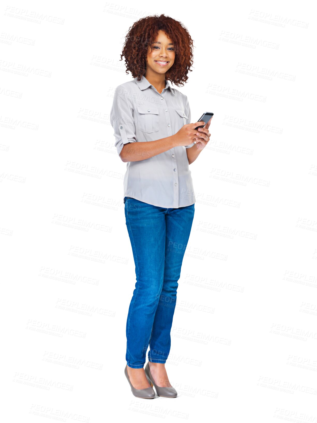 Buy stock photo Phone, happy and portrait of woman typing internet web search, social media app review and smile for communication. Happiness, cellphone and African person isolated on transparent, png background