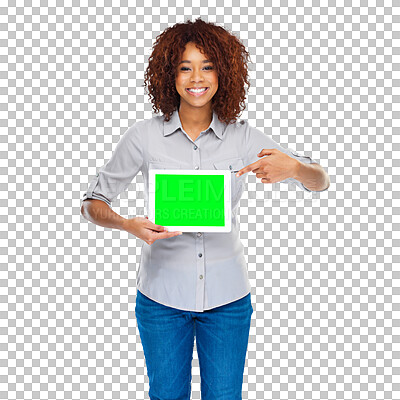 Buy stock photo Woman portrait, hand pointing and green screen on digital tablet against isolated, transparent or png background. Space, display and mockup by African person with app coming soon, news or promo 