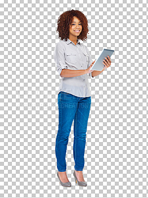 Buy stock photo Digital tablet, business and happy black woman on isolated, transparent and png background. Planning, schedule and African female manager online for social media, management and creative idea plan