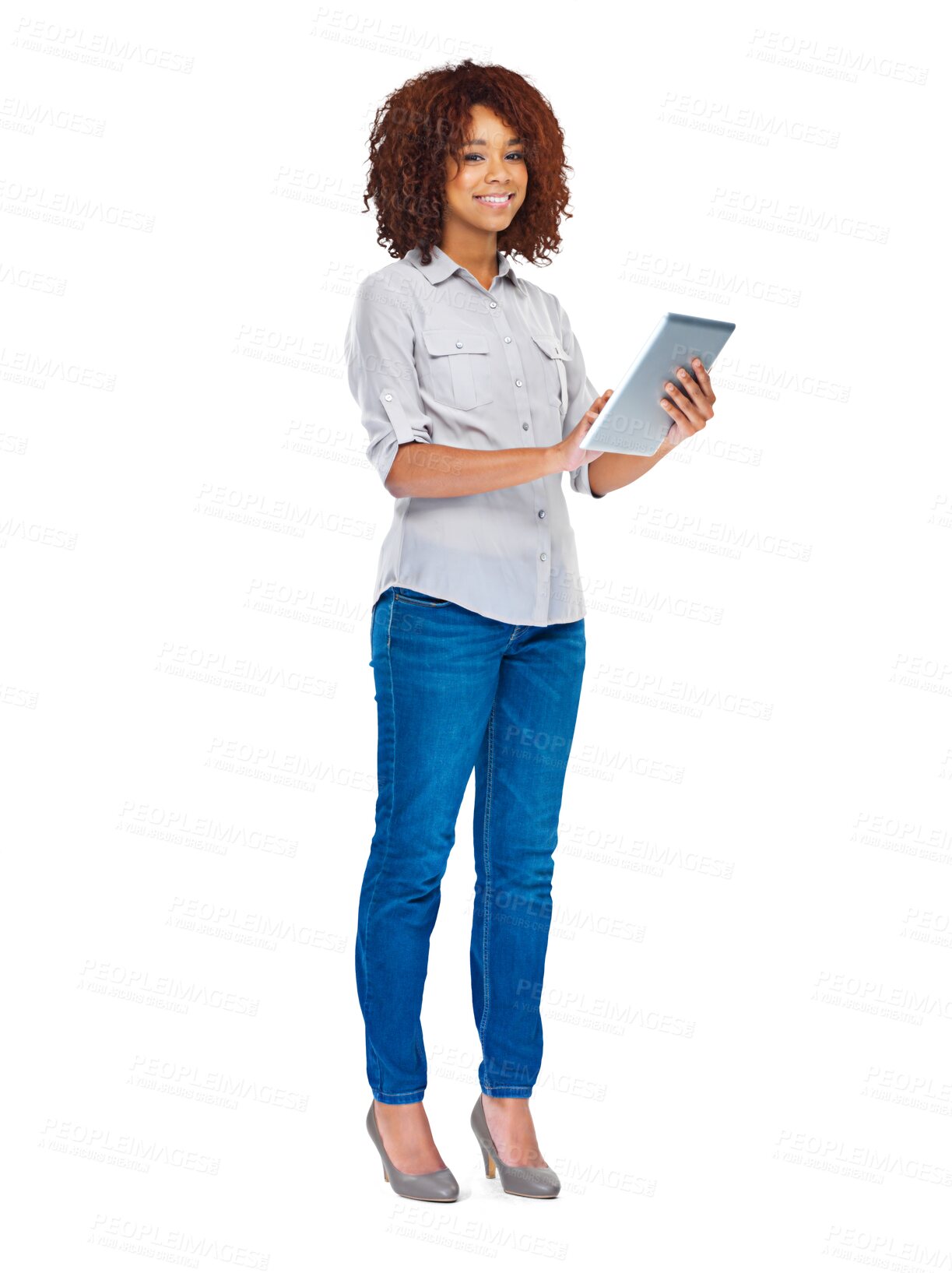 Buy stock photo Digital tablet, business and happy black woman on isolated, transparent and png background. Planning, schedule and African female manager online for social media, management and creative idea plan