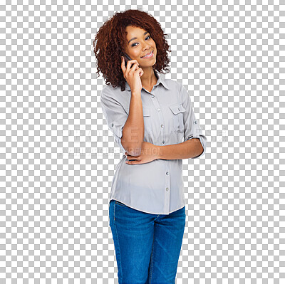 Buy stock photo Phone call conversation, happy and portrait of woman networking, speaking and talking on cellphone discussion. Smartphone communication, happiness and person isolated on transparent, png background
