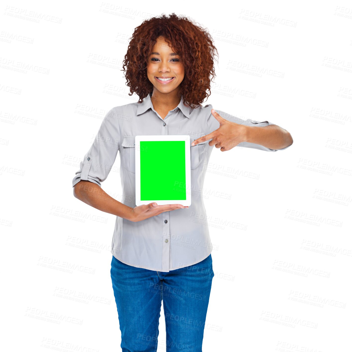 Buy stock photo Hand pointing, woman portrait and green screen on digital tablet against isolated, transparent or png background. Screen, display and mockup by face of African female with coming soon, news or promo 