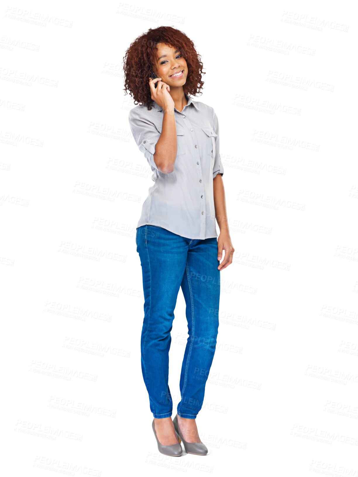 Buy stock photo Cellphone call, communication and portrait of happy woman networking, speaking and talking with mobile contact. Smartphone conversation, user smile and person isolated on transparent, png background
