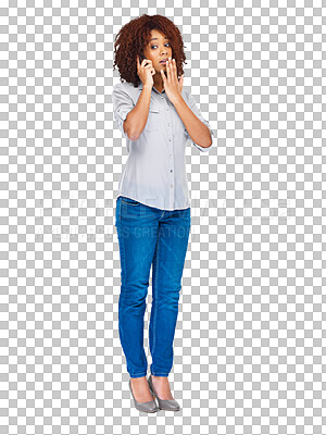 Buy stock photo Phone call conversation, news or woman shocked about gossip, information or feedback on cellphone discussion. Mobile communication, listening or African person isolated on transparent, png background