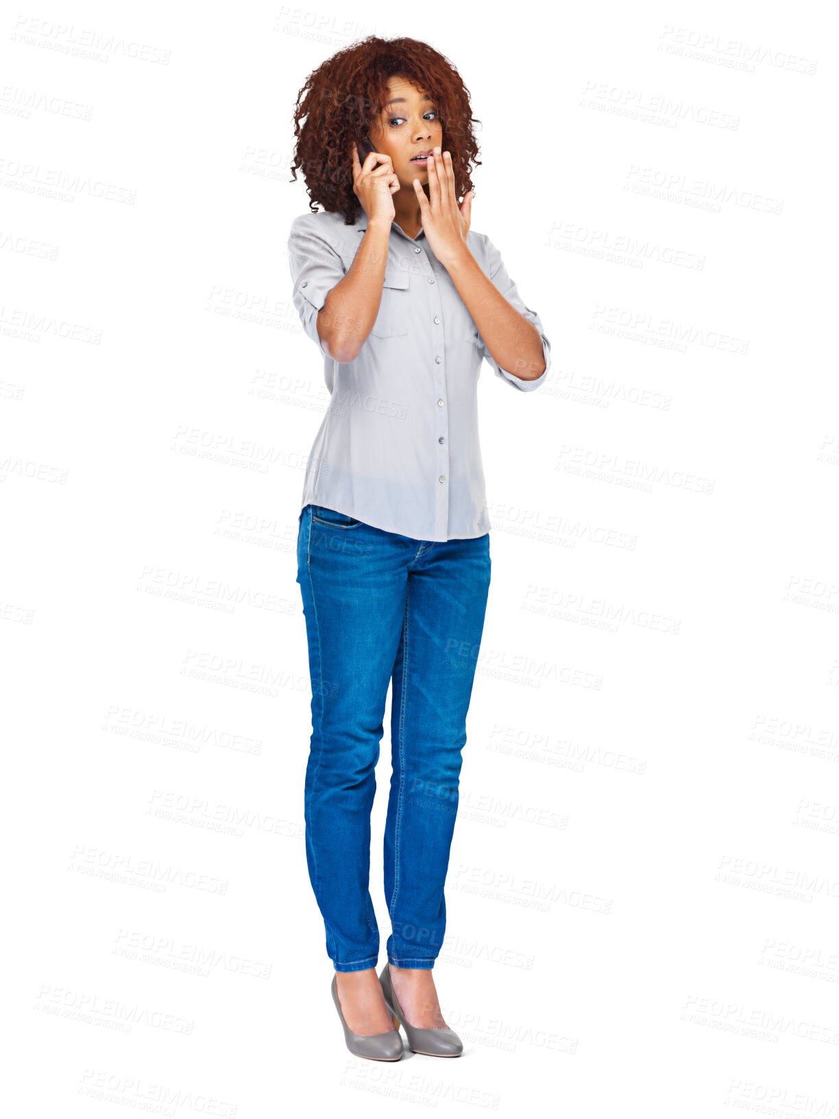 Buy stock photo Phone call conversation, news or woman shocked about gossip, information or feedback on cellphone discussion. Mobile communication, listening or African person isolated on transparent, png background