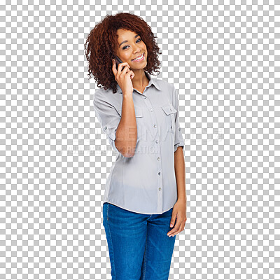 Buy stock photo Smartphone call, happy and portrait of woman smile for cellphone discussion, networking chat or consulting with user. Mobile connectivity, talking and person isolated on transparent, png background
