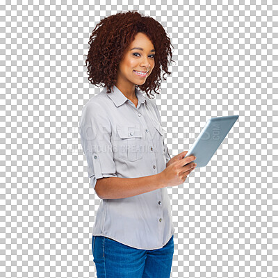 Buy stock photo Tablet, happy and portrait of woman typing internet web search, online research or check email communication. Happiness, feedback review and African person isolated on transparent, png background