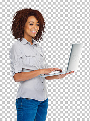 Buy stock photo Laptop, portrait and happy woman typing online web search, internet research project or check email, blog or PC connection. Smile, computer website and person isolated on transparent, png background