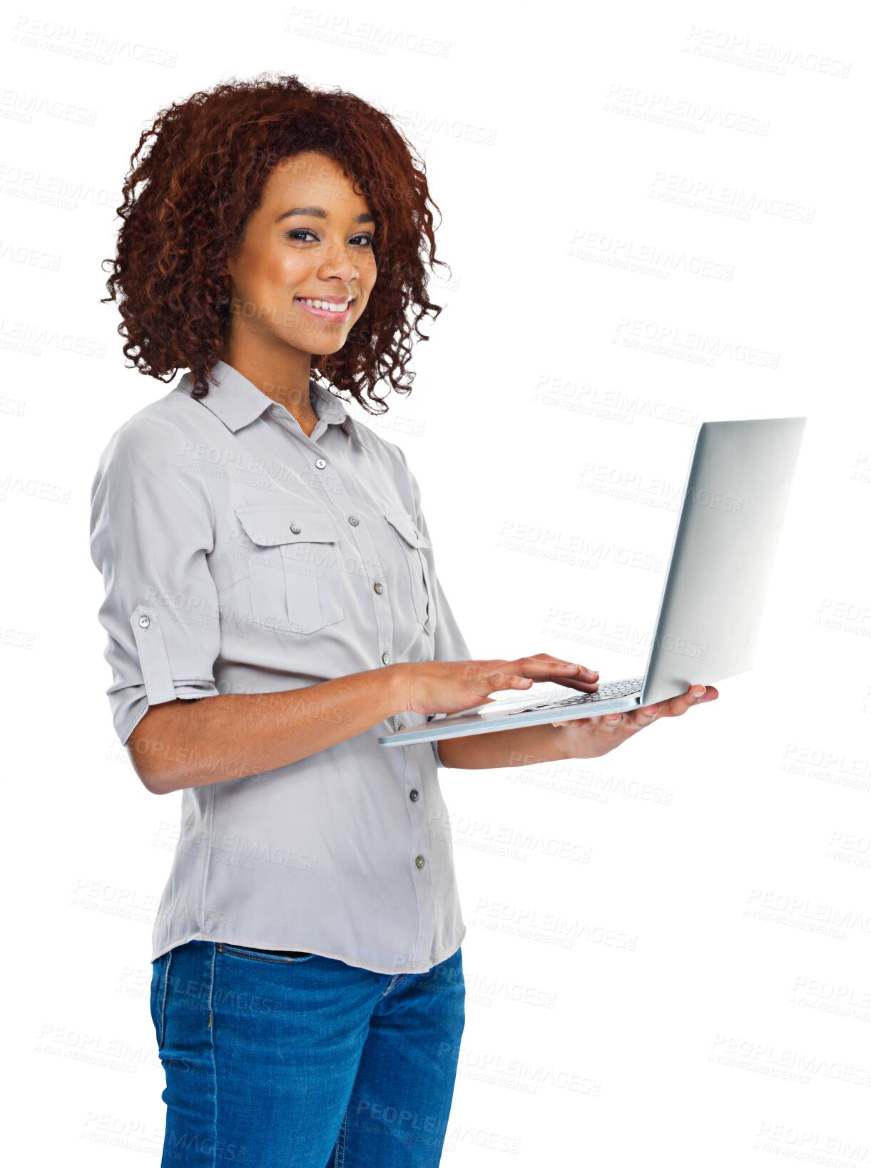 Buy stock photo Laptop, portrait and happy woman typing online web search, internet research project or check email, blog or PC connection. Smile, computer website and person isolated on transparent, png background