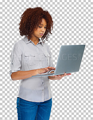 Buy stock photo Laptop, reading and woman typing online web search, research or check email, blog or networking communication. Analysis, computer website and African person isolated on transparent, png background