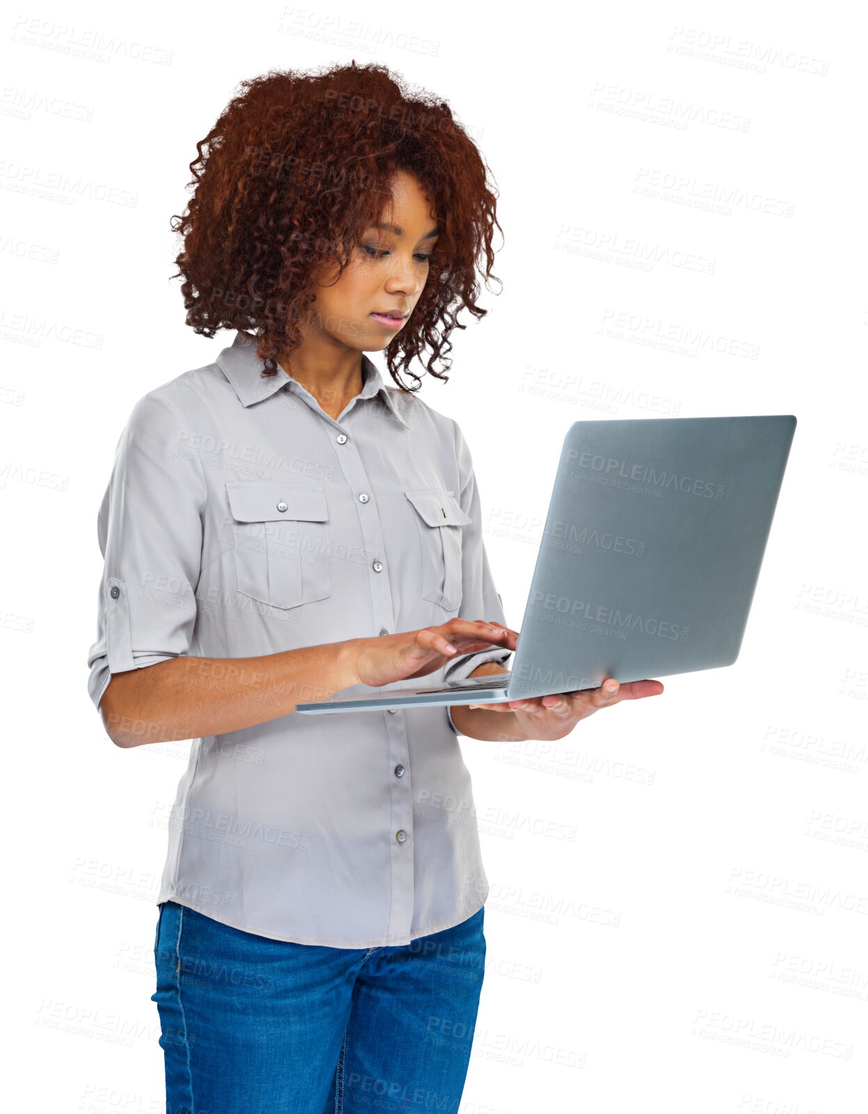 Buy stock photo Laptop, reading and woman typing online web search, research or check email, blog or networking communication. Analysis, computer website and African person isolated on transparent, png background