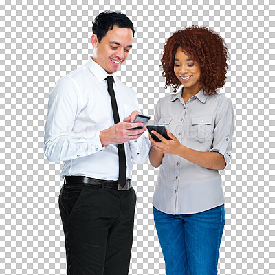 Buy stock photo Cellphone, happy teamwork and business people typing email communication, networking cooperation or contact us. Partnership, phone connection or diversity team isolated on transparent, png background