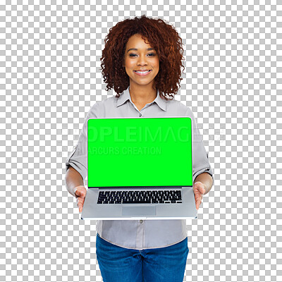 Buy stock photo Portrait of happy woman with laptop, green screen and website info isolated on transparent png background. Smile, African model and computer with chromakey for logo, information or app presentation.