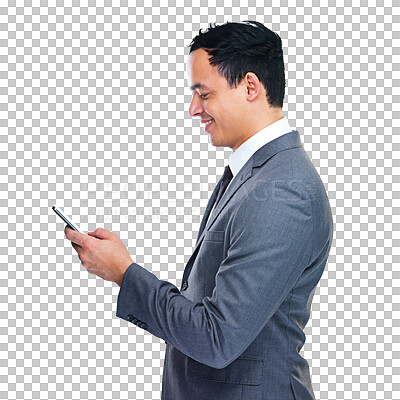 Buy stock photo Phone, happy or business man reading, texting or typing online web search, social media app review or email. Smile, cellphone or profile of professional person isolated on transparent, png background