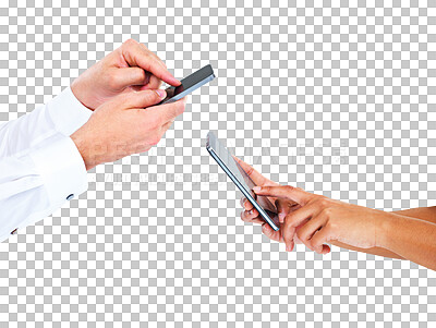 Buy stock photo Cellphone, business people teamwork and hands typing email communication, networking cooperation or contact us. Team send digital file over mobile connection isolated on transparent, png background