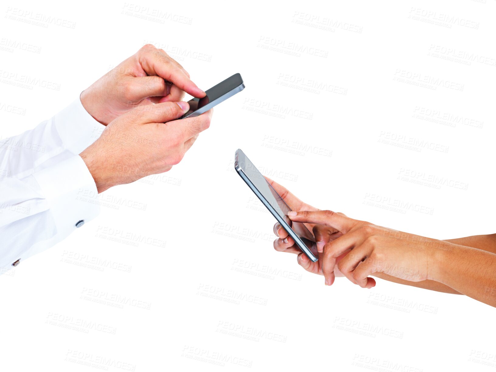 Buy stock photo Cellphone, business people teamwork and hands typing email communication, networking cooperation or contact us. Team send digital file over mobile connection isolated on transparent, png background