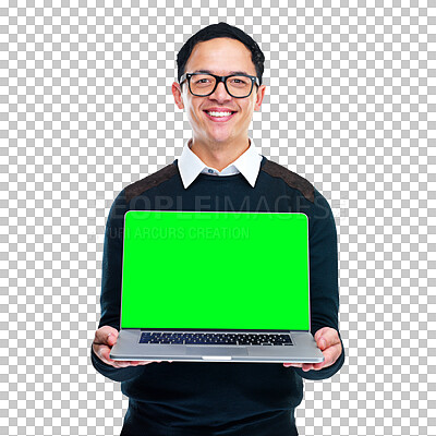 Buy stock photo Portrait of happy man with laptop, green screen and website info isolated on transparent png background. Smile, male model and computer with chromakey for logo, information or app for mockup space.