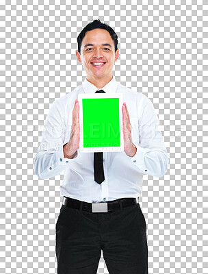 Buy stock photo Green screen, digital tablet and business man portrait on isolated, transparent and png background. Screen mockup and face of male designer with space for advertising, social media or company launch