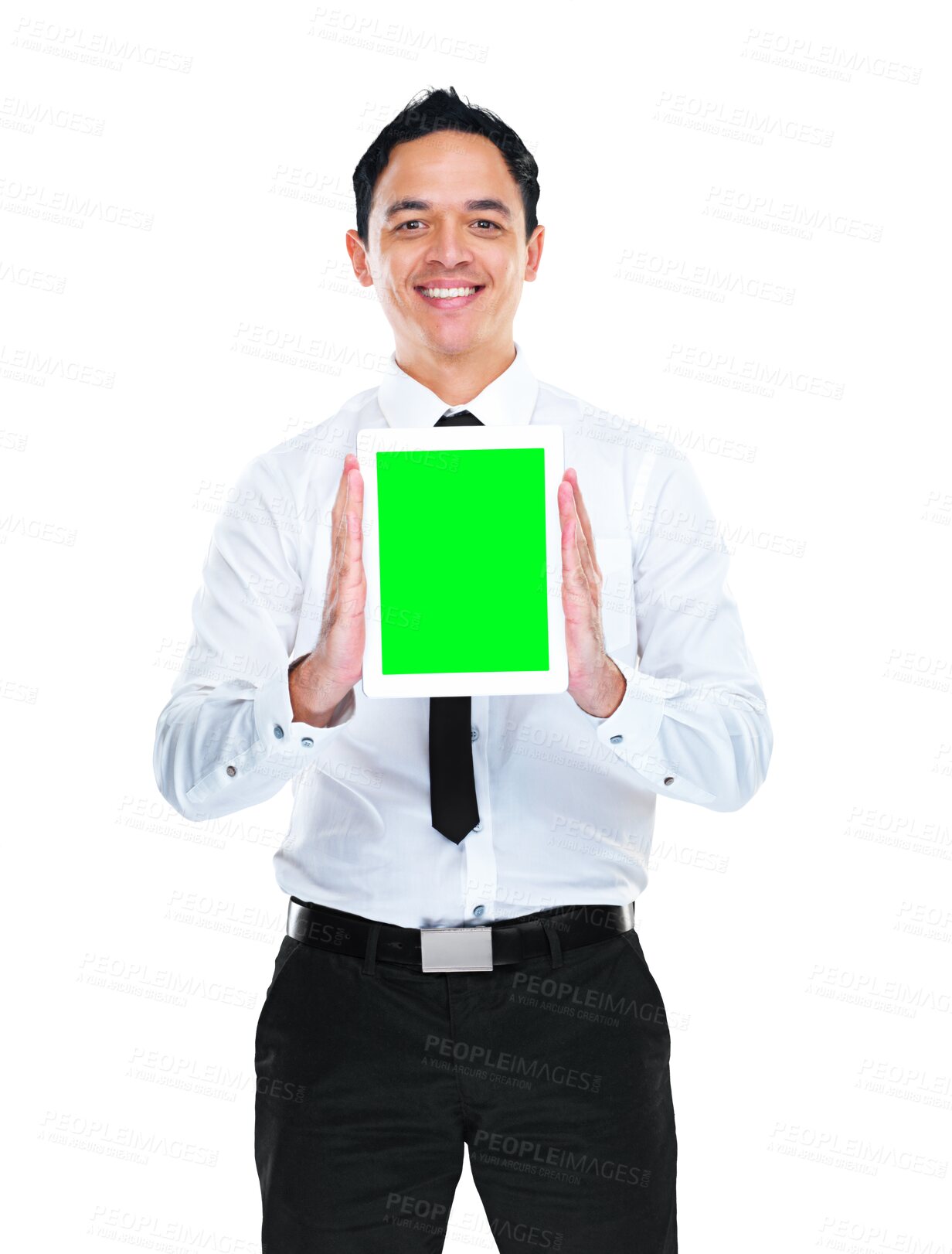 Buy stock photo Green screen, digital tablet and business man portrait on isolated, transparent and png background. Screen mockup and face of male designer with space for advertising, social media or company launch