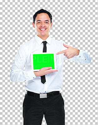 Buy stock photo Hand pointing, man portrait and green screen on digital tablet against isolated, transparent or png background. Screen, display and mockup by face of Asian businessman with coming soon, news or promo