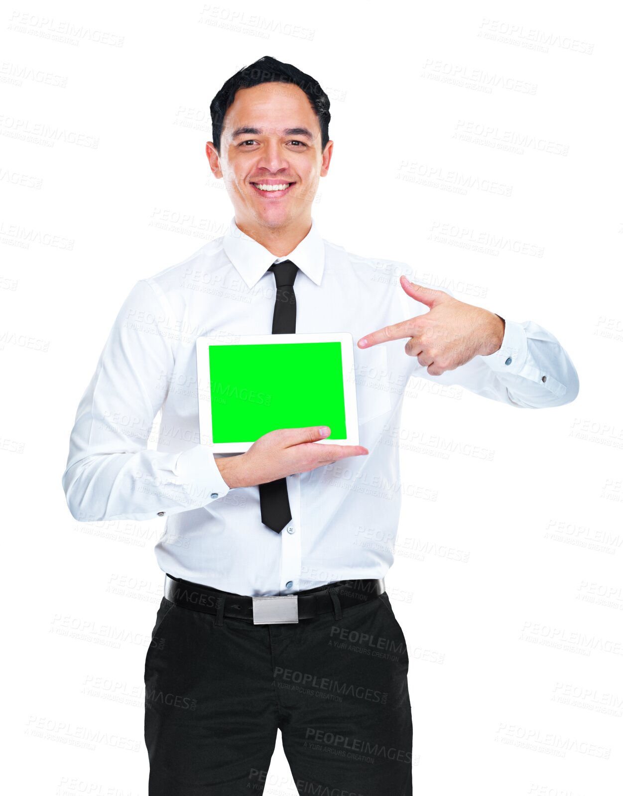 Buy stock photo Hand pointing, man portrait and green screen on digital tablet against isolated, transparent or png background. Screen, display and mockup by face of Asian businessman with coming soon, news or promo