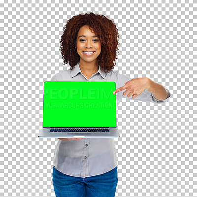 Buy stock photo Portrait of happy woman with laptop, pointing at green screen and info isolated on transparent png background. Smile, African model and computer with chromakey, logo information or app presentation.