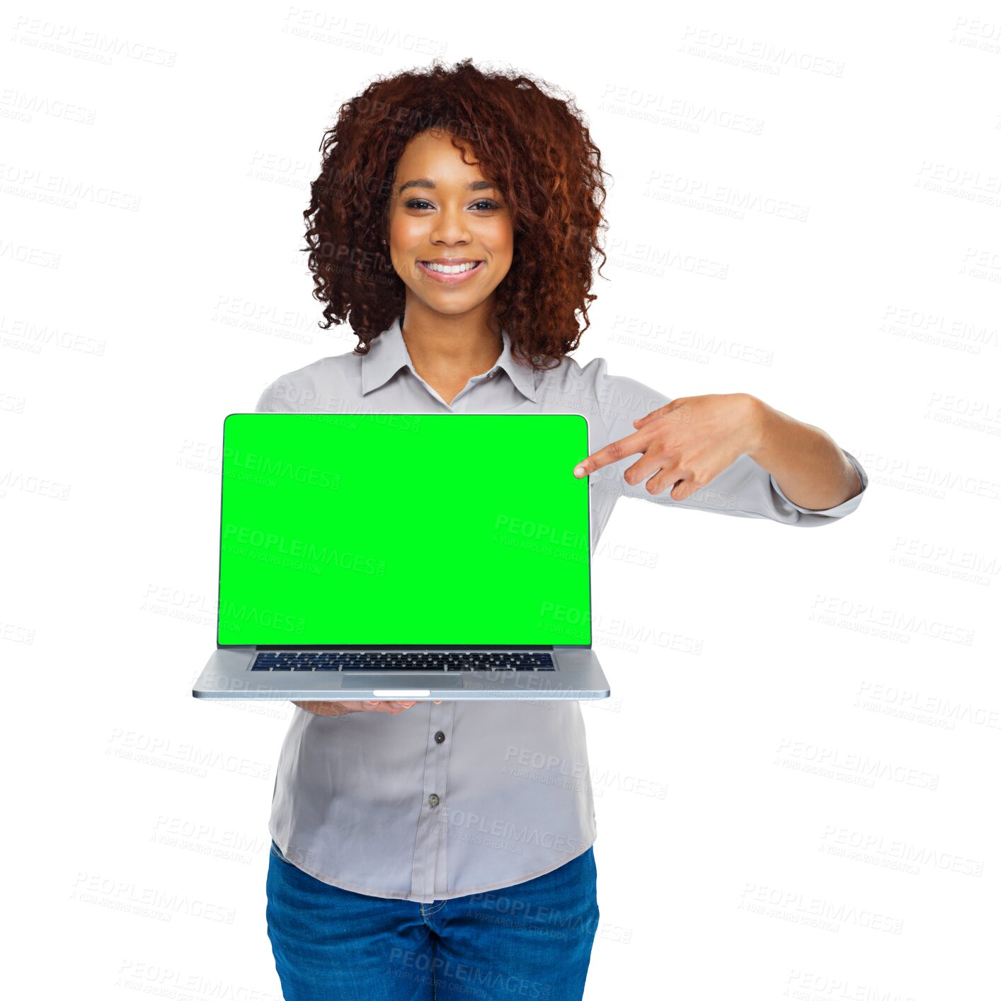 Buy stock photo Portrait of happy woman with laptop, pointing at green screen and info isolated on transparent png background. Smile, African model and computer with chromakey, logo information or app presentation.