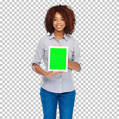 Buy stock photo Tablet, green screen and portrait of happy woman with advertising UI, webdesign graphic or online logo design. Happiness, website brand app and African person isolated on transparent, png background 