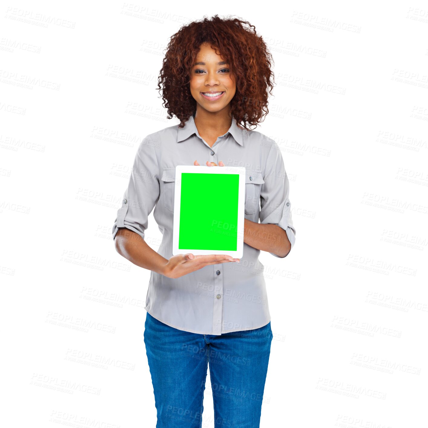 Buy stock photo Tablet, green screen and portrait of happy woman with advertising UI, webdesign graphic or online logo design. Happiness, website brand app and African person isolated on transparent, png background 