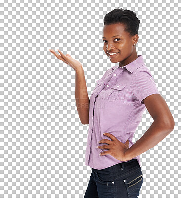 Buy stock photo Hand pointing, portrait and happy gen z girl with announcement on isolated, transparent and png background. Face, smile and female person showing sale, deal or coming soon, information or promo list