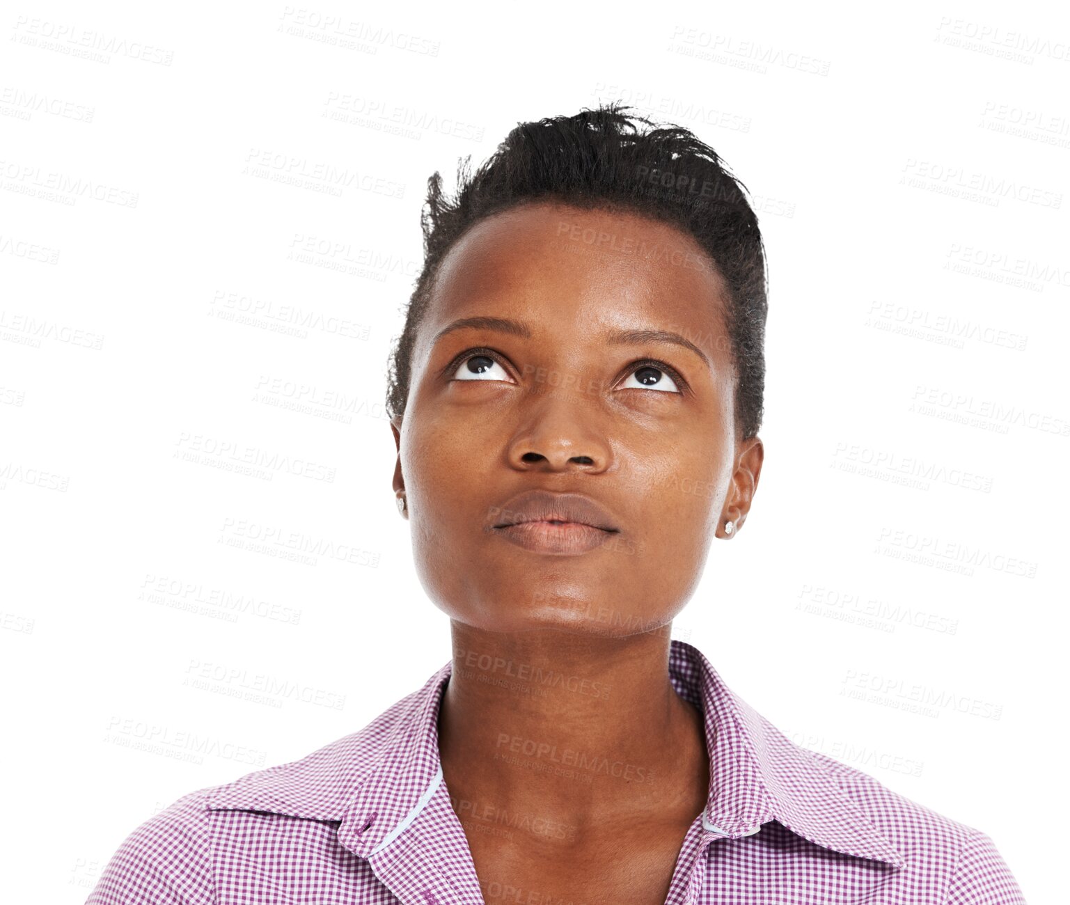 Buy stock photo Black woman, looking up and thinking isolated on a transparent, png background. African female person, thought and ideas with inspiration and casual fashion with contemplation and religious belief