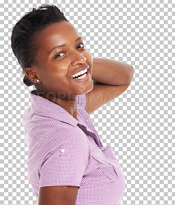 Buy stock photo Black woman, smile and portrait with modern and casual fashion laughing and feeling happy. African young female person, funny and beauty with confidence isolated on a transparent, png background