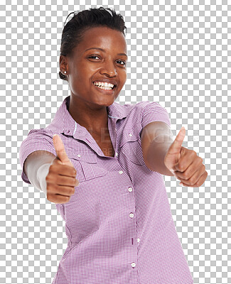 Buy stock photo Thumbs up, portrait and black woman in studio with hand, sign and thank you on isolated, transparent or png background. Face, finger and female with emoji for yes, vote or review, feedback or agree